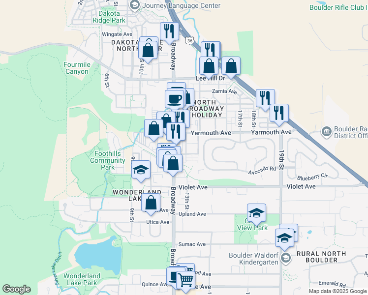 map of restaurants, bars, coffee shops, grocery stores, and more near 4555 13th Street in Boulder