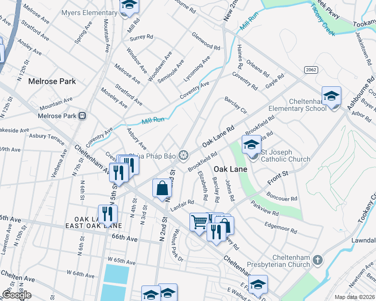 map of restaurants, bars, coffee shops, grocery stores, and more near 7520 Oak Lane Road in Elkins Park