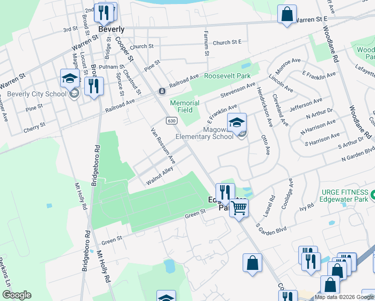 map of restaurants, bars, coffee shops, grocery stores, and more near 1001 Cooper Street in Beverly