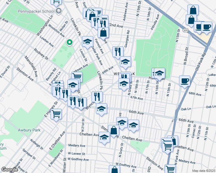 map of restaurants, bars, coffee shops, grocery stores, and more near 6744 Wyncote Avenue in Philadelphia