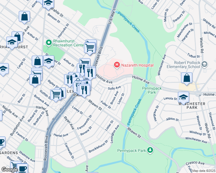 map of restaurants, bars, coffee shops, grocery stores, and more near 2731 Solly Avenue in Philadelphia