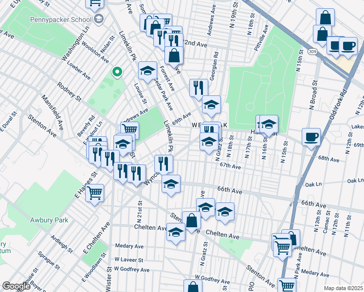 map of restaurants, bars, coffee shops, grocery stores, and more near 6744 Wyncote Avenue in Philadelphia