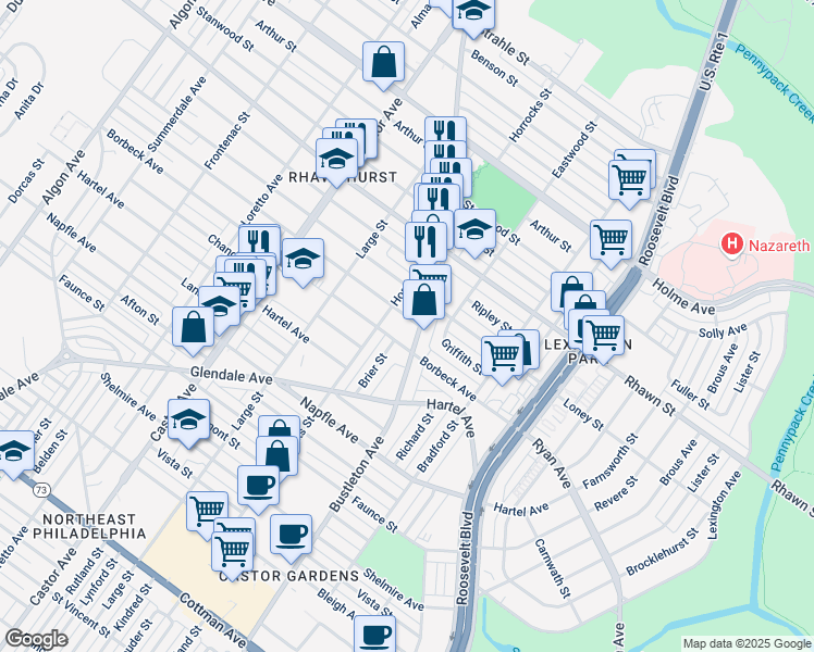 map of restaurants, bars, coffee shops, grocery stores, and more near 2206 Griffith Street in Philadelphia