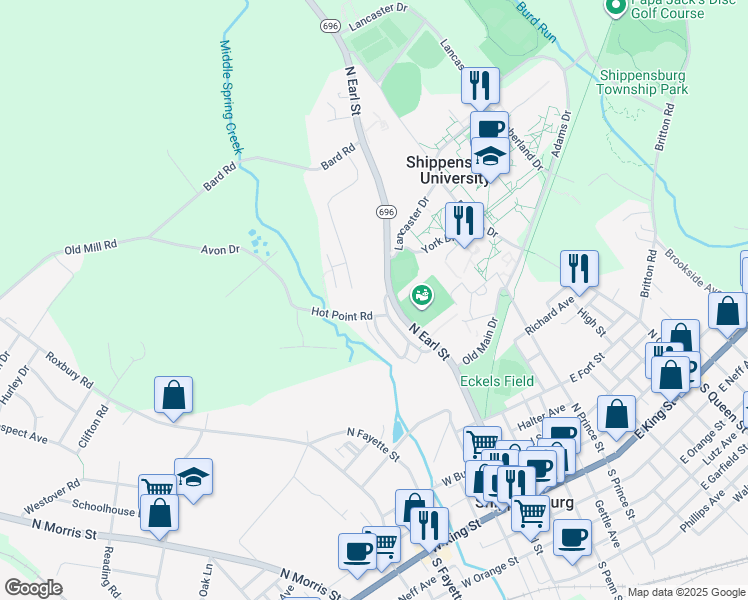 map of restaurants, bars, coffee shops, grocery stores, and more near 112 Middle Spring Avenue in Shippensburg