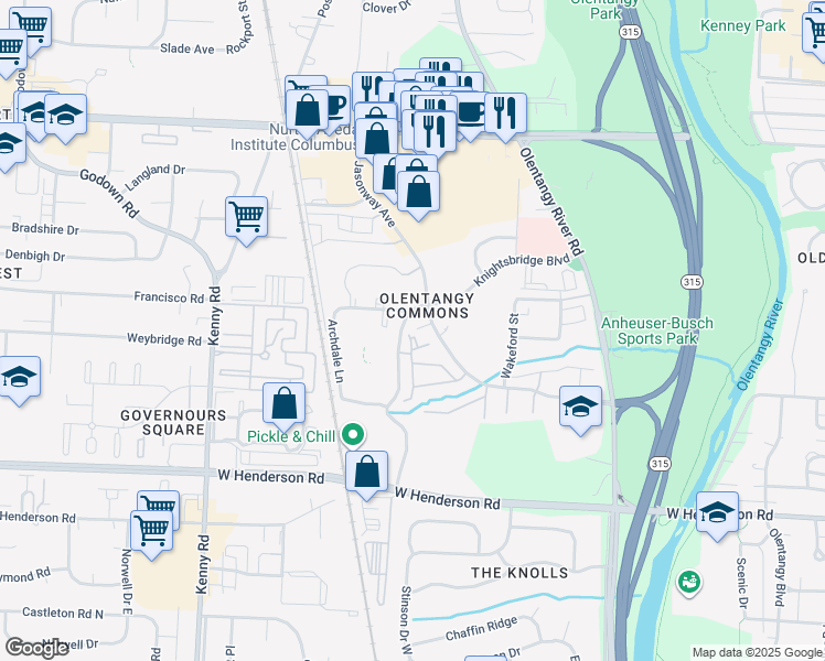 map of restaurants, bars, coffee shops, grocery stores, and more near 4765 Blairfield Drive in Columbus