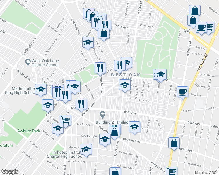 map of restaurants, bars, coffee shops, grocery stores, and more near 6746 Wyncote Avenue in Philadelphia