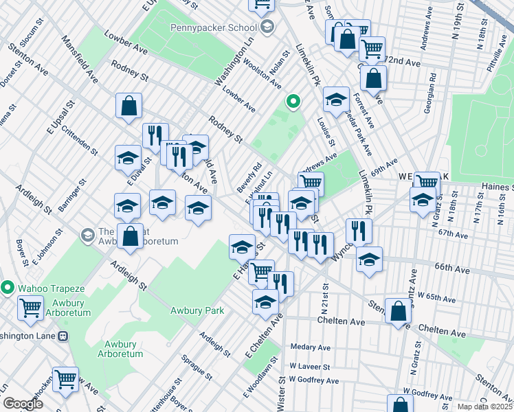 map of restaurants, bars, coffee shops, grocery stores, and more near 6653 Cornelius Street in Philadelphia