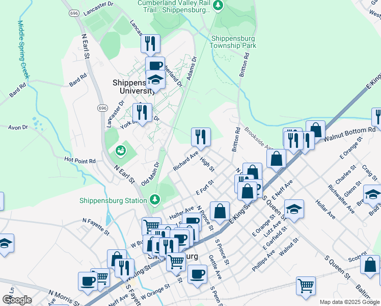 map of restaurants, bars, coffee shops, grocery stores, and more near 36 Richard Avenue in Shippensburg