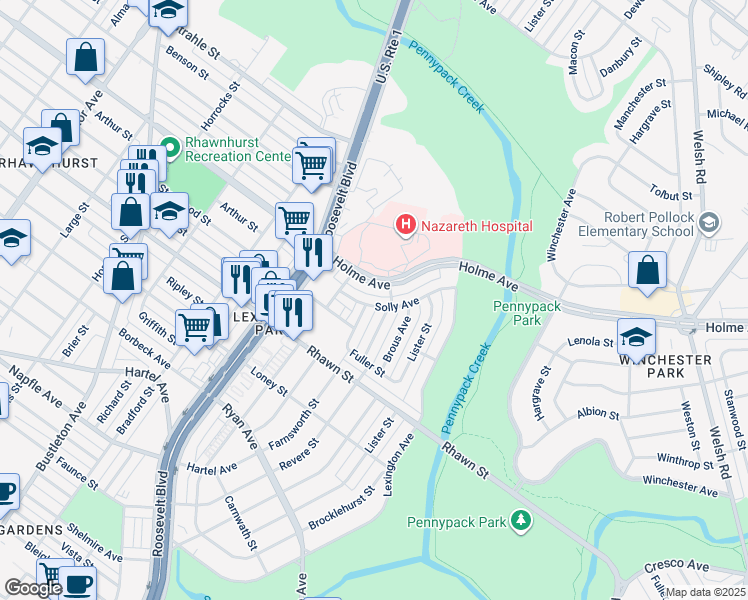 map of restaurants, bars, coffee shops, grocery stores, and more near 2731 Solly Avenue in Philadelphia