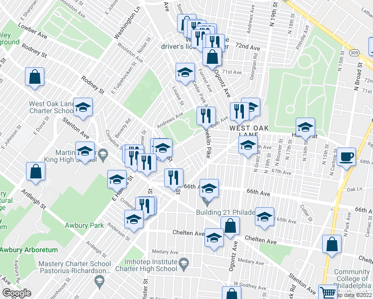 map of restaurants, bars, coffee shops, grocery stores, and more near 2070 East Haines Street in Philadelphia