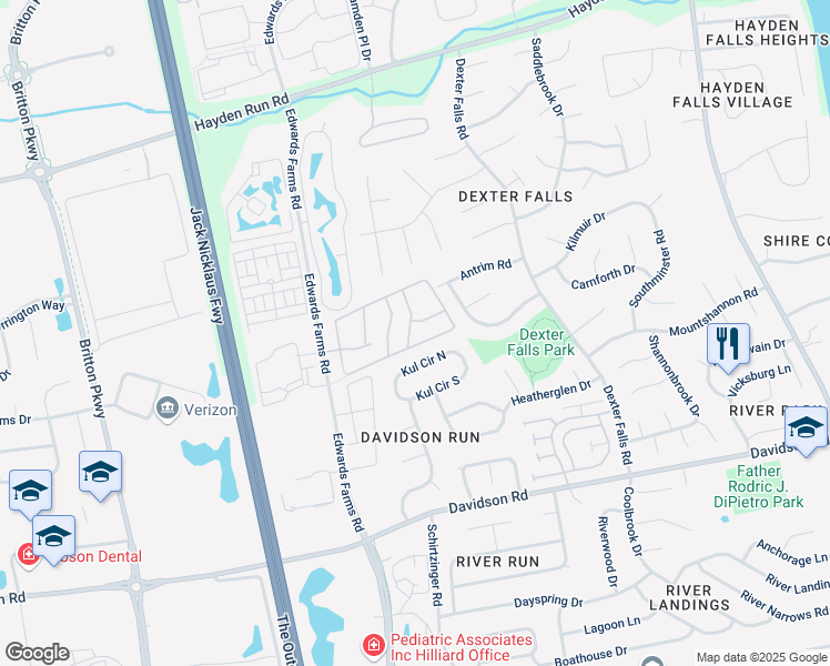 map of restaurants, bars, coffee shops, grocery stores, and more near 5102 Bayonne Lane in Columbus