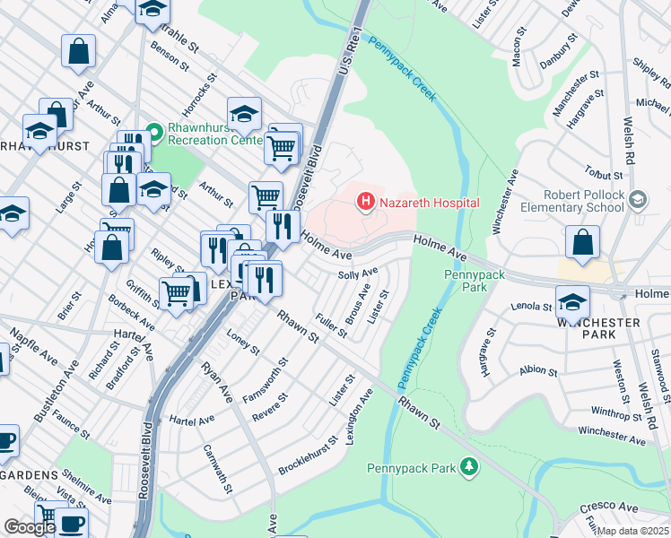 map of restaurants, bars, coffee shops, grocery stores, and more near 2729 Solly Avenue in Philadelphia