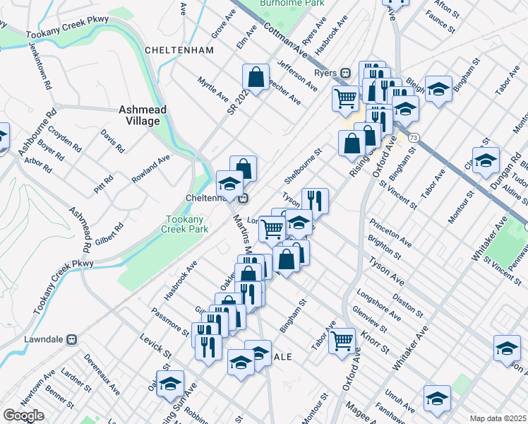 map of restaurants, bars, coffee shops, grocery stores, and more near 6921 Shelbourne Street in Philadelphia