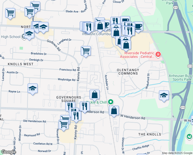 map of restaurants, bars, coffee shops, grocery stores, and more near 1074 Weybridge Road in Columbus