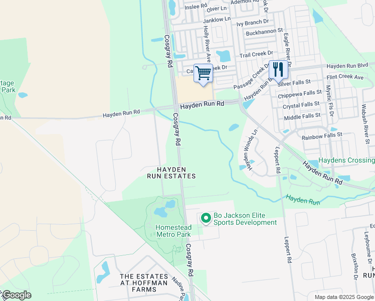 map of restaurants, bars, coffee shops, grocery stores, and more near 4896 Cosgray Road in Hilliard