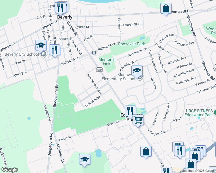 map of restaurants, bars, coffee shops, grocery stores, and more near 1001 Cooper Street in Beverly