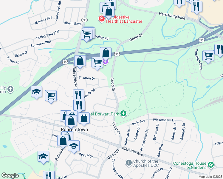 map of restaurants, bars, coffee shops, grocery stores, and more near 238 Rocklawn Lane in Lancaster