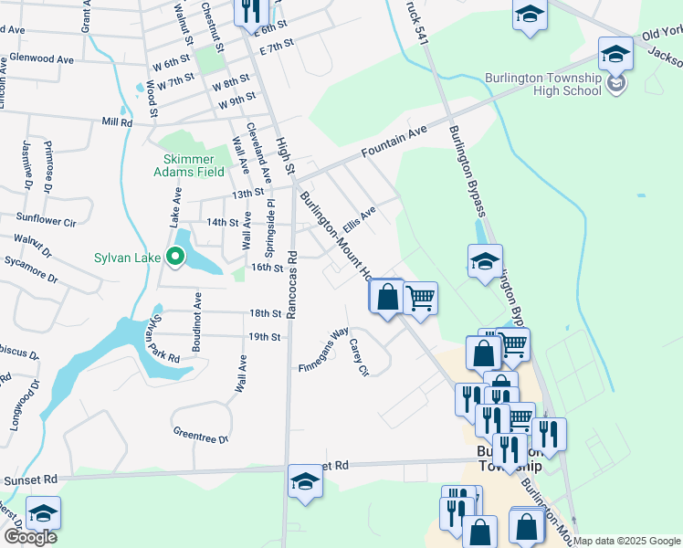 map of restaurants, bars, coffee shops, grocery stores, and more near 1506 Mount Holly Road in Burlington Township