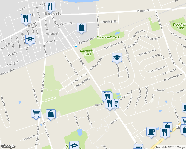 map of restaurants, bars, coffee shops, grocery stores, and more near 1004 Cooper Street in Beverly