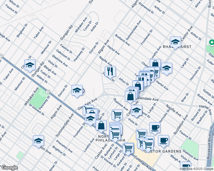map of restaurants, bars, coffee shops, grocery stores, and more near 1708 Shelmire Ave in Philadelphia