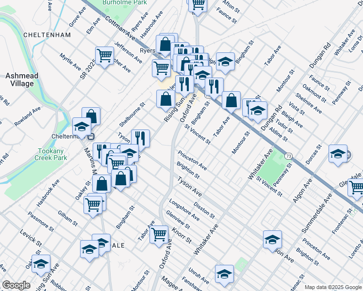 map of restaurants, bars, coffee shops, grocery stores, and more near 7117 Bingham Street in Philadelphia