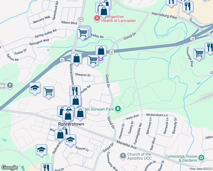 map of restaurants, bars, coffee shops, grocery stores, and more near 238 Rocklawn Lane in Lancaster