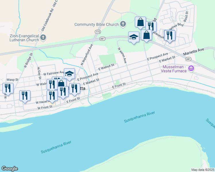 map of restaurants, bars, coffee shops, grocery stores, and more near 325 East Market Street in Marietta