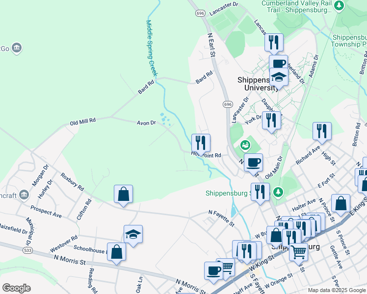 map of restaurants, bars, coffee shops, grocery stores, and more near 101 Hot Point Avenue in Shippensburg