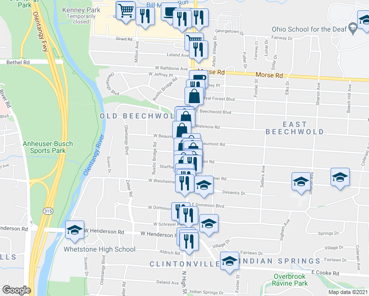 map of restaurants, bars, coffee shops, grocery stores, and more near 4663 North High Street in Columbus
