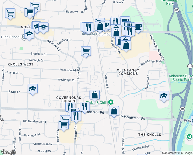 map of restaurants, bars, coffee shops, grocery stores, and more near 1074 Weybridge Road in Columbus