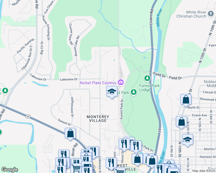 map of restaurants, bars, coffee shops, grocery stores, and more near 591 Holly Court in Noblesville