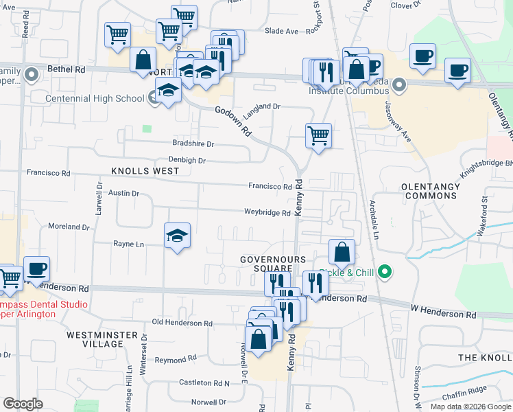 map of restaurants, bars, coffee shops, grocery stores, and more near 1256 Weybridge Road in Columbus