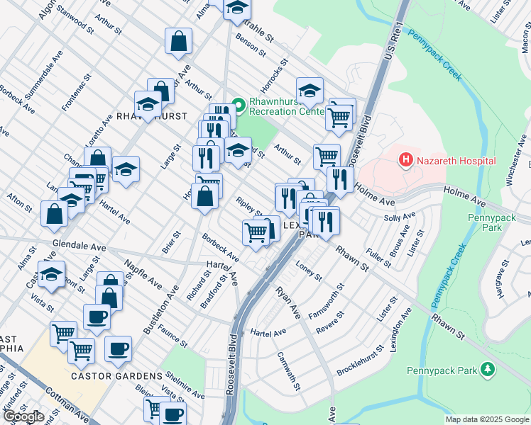 map of restaurants, bars, coffee shops, grocery stores, and more near 2345 Ripley Street in Philadelphia