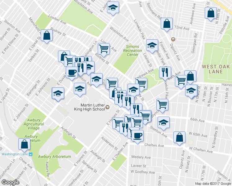 map of restaurants, bars, coffee shops, grocery stores, and more near 6653 Cornelius Street in Philadelphia