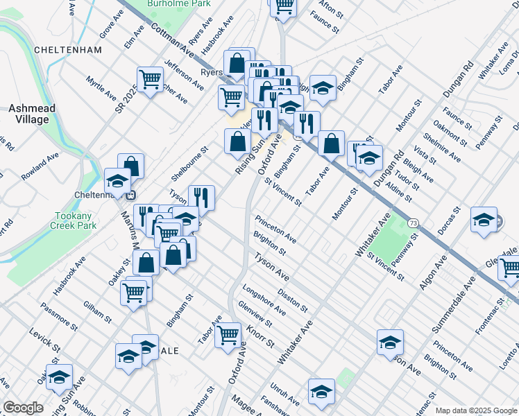 map of restaurants, bars, coffee shops, grocery stores, and more near 7117 Bingham Street in Philadelphia