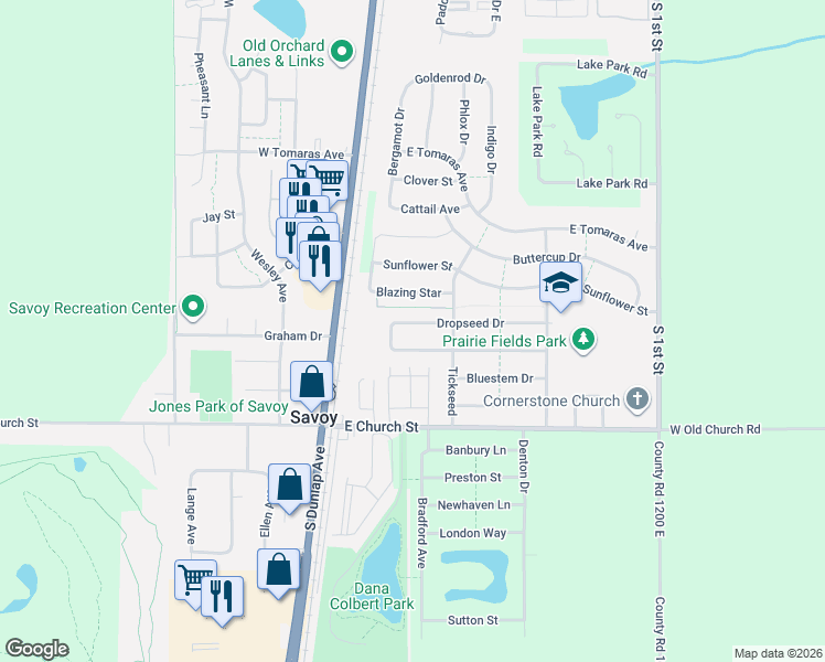 map of restaurants, bars, coffee shops, grocery stores, and more near 109 Dropseed Drive in Savoy