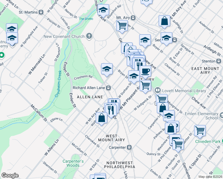 map of restaurants, bars, coffee shops, grocery stores, and more near 7200 Cresheim Road in Philadelphia