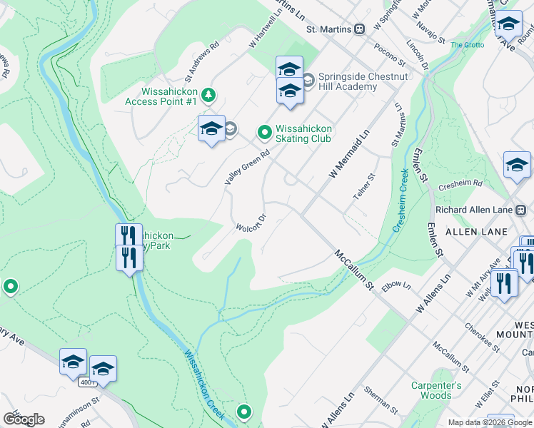 map of restaurants, bars, coffee shops, grocery stores, and more near 722 Wolcott Drive in Philadelphia