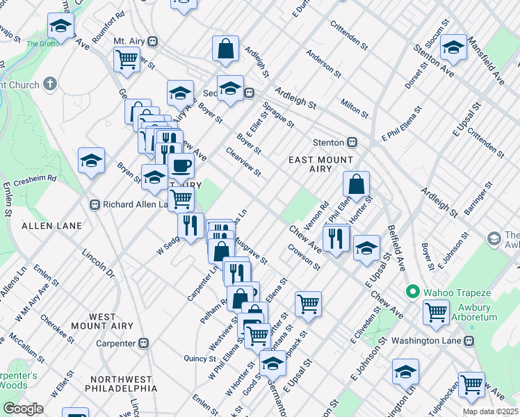 map of restaurants, bars, coffee shops, grocery stores, and more near 6824 Chew Avenue in Philadelphia