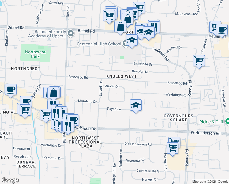 map of restaurants, bars, coffee shops, grocery stores, and more near 4879 Arthur Place in Columbus