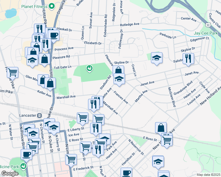 map of restaurants, bars, coffee shops, grocery stores, and more near 643 Juliette Avenue in Lancaster