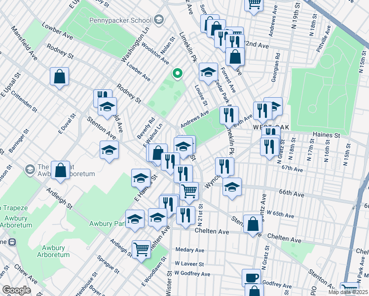 map of restaurants, bars, coffee shops, grocery stores, and more near 6918 Rodney Street in Philadelphia