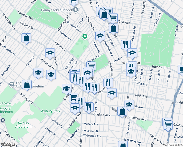 map of restaurants, bars, coffee shops, grocery stores, and more near 6907 Rodney Street in Philadelphia