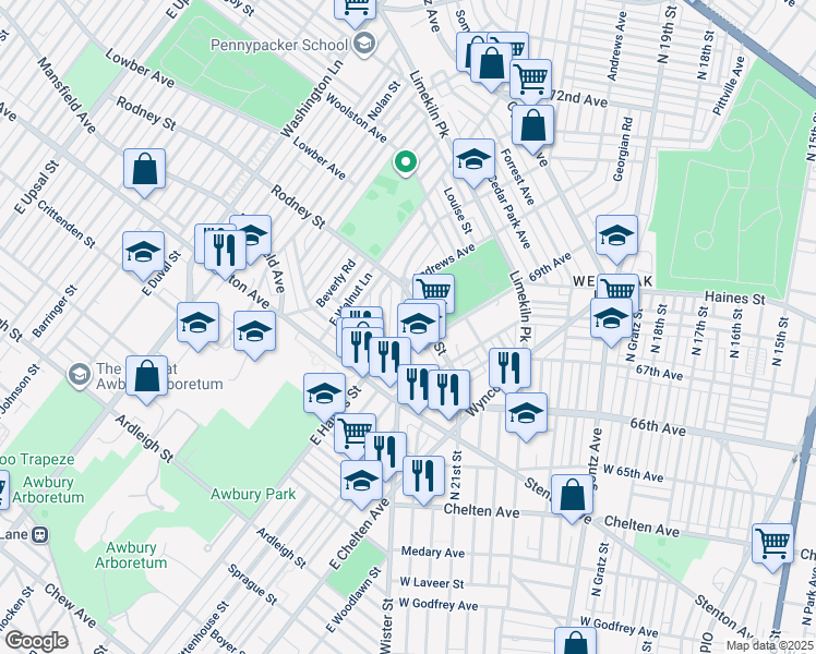 map of restaurants, bars, coffee shops, grocery stores, and more near 6935 North Wister Street in Philadelphia