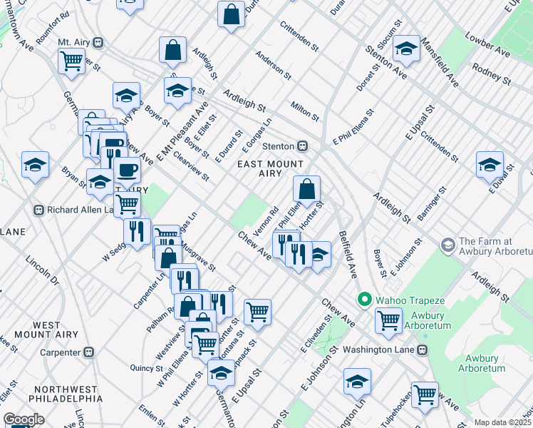 map of restaurants, bars, coffee shops, grocery stores, and more near 345 East Vernon Road in Philadelphia