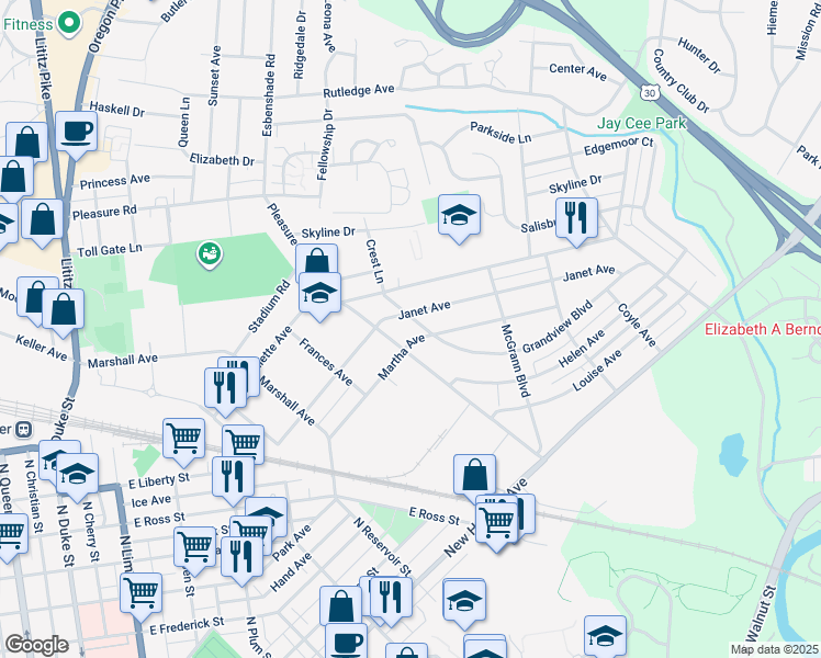 map of restaurants, bars, coffee shops, grocery stores, and more near 720 Grandview Boulevard in Lancaster