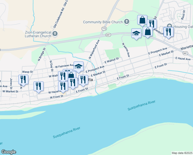 map of restaurants, bars, coffee shops, grocery stores, and more near 11 South Locust Street in Marietta