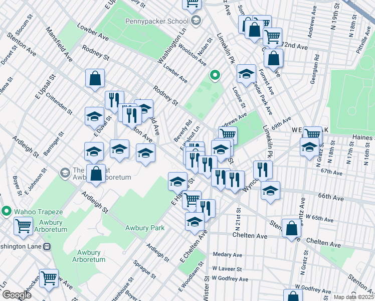 map of restaurants, bars, coffee shops, grocery stores, and more near 6657 Cornelius Street in Philadelphia