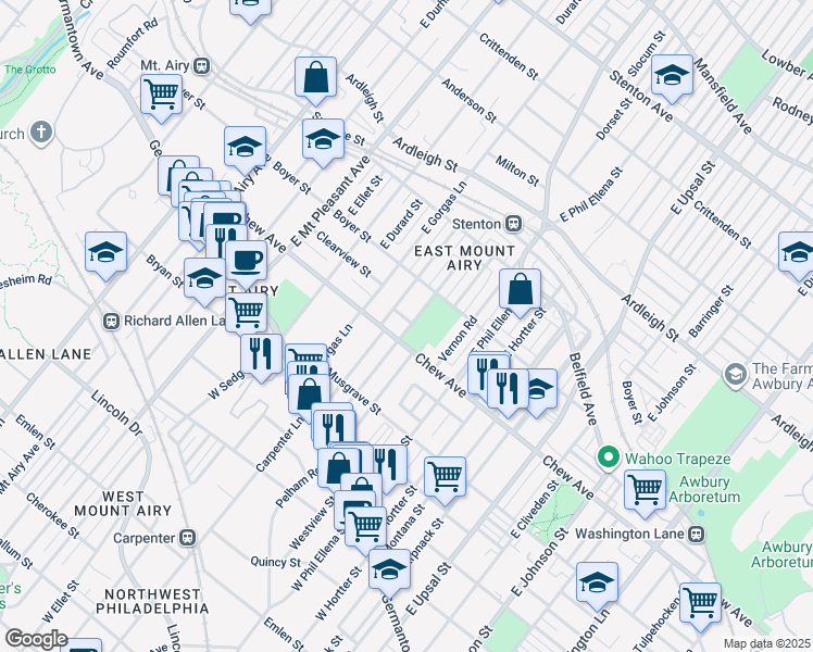map of restaurants, bars, coffee shops, grocery stores, and more near 6800 Clearview Street in Philadelphia