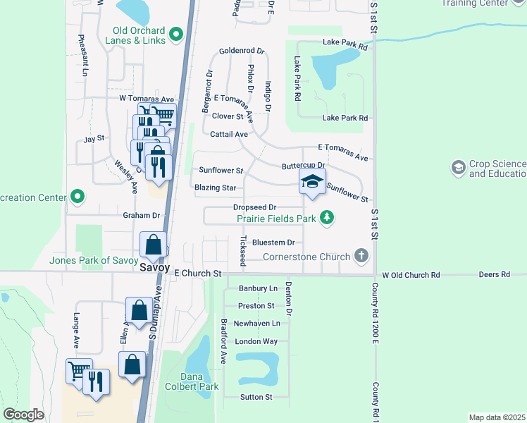 map of restaurants, bars, coffee shops, grocery stores, and more near 309 Dropseed Drive in Savoy